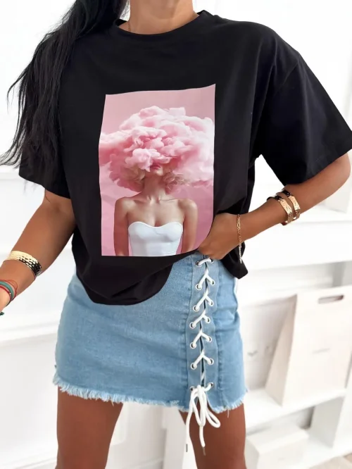 T-shirt damski oversize z różowym nadrukiem